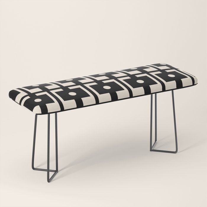Mid Century Modern Rektangel Geometric Pattern Black and Almond Cream Bench Gallery Image 1
