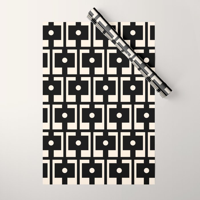 Mid Century Modern Rektangel Geometric Pattern Black and Almond Cream Wrapping Paper Gallery Image 1