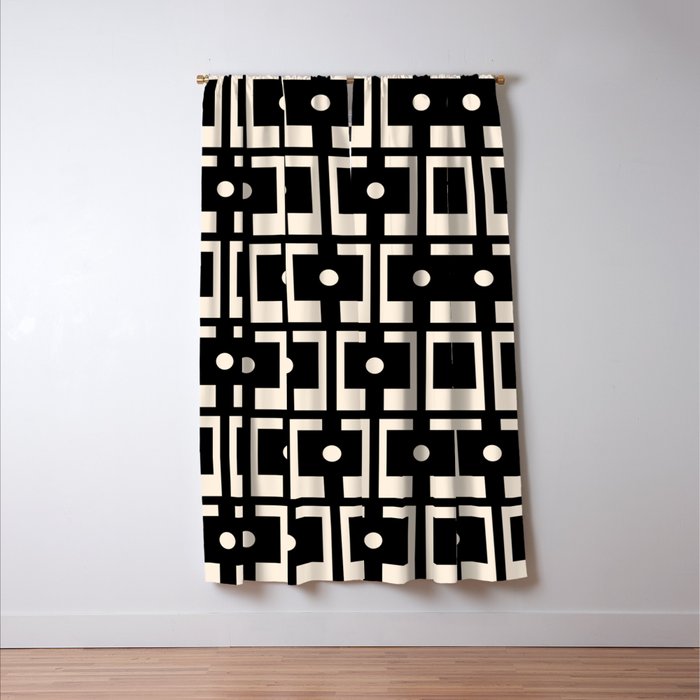 Mid Century Modern Rektangel Geometric Pattern Black and Almond Cream Window Curtain Gallery Image 3