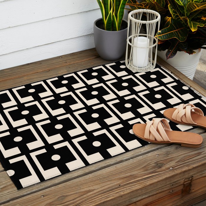 Mid Century Modern Rektangel Geometric Pattern Black and Almond Cream Outdoor Rug Gallery Image 2