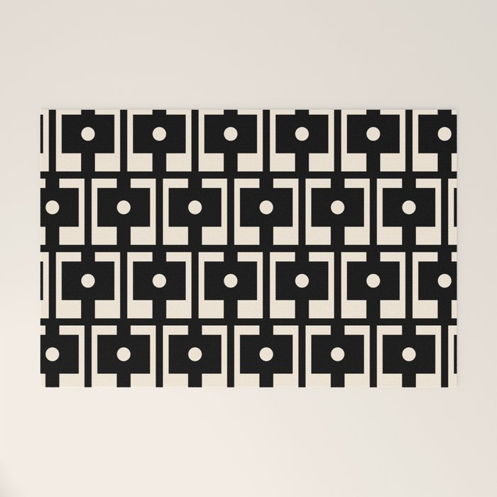 Mid Century Modern Rektangel Geometric Pattern Black and Almond Cream Welcome Mat Gallery Image 1