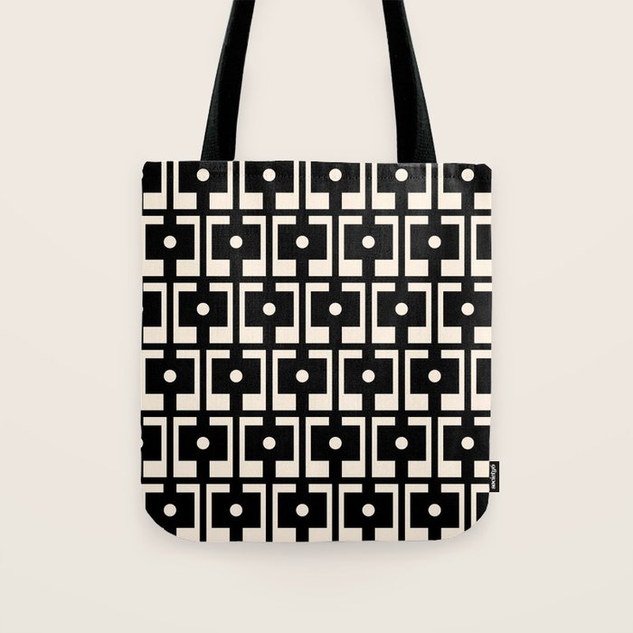 Mid Century Modern Rektangel Geometric Pattern Black and Almond Cream Tote Bag Gallery Image 1