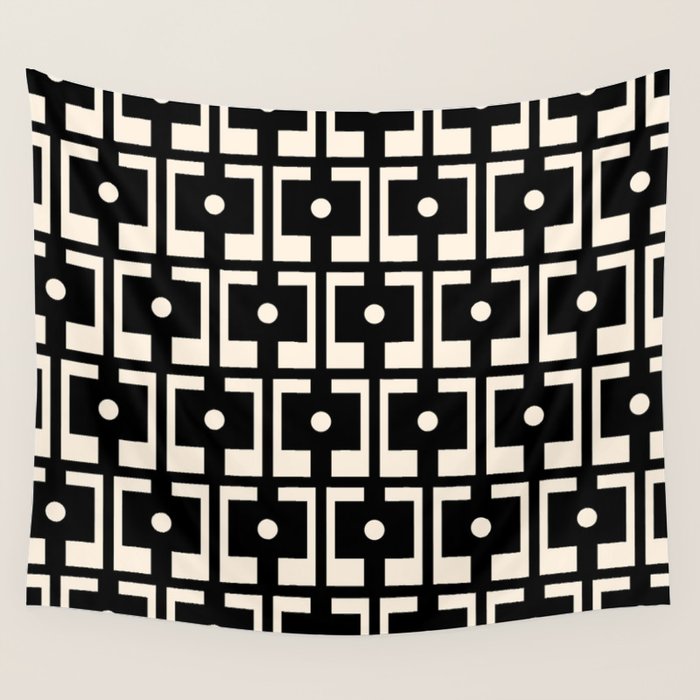 Mid Century Modern Rektangel Geometric Pattern Black and Almond Cream Wall Tapestry Gallery Image 4