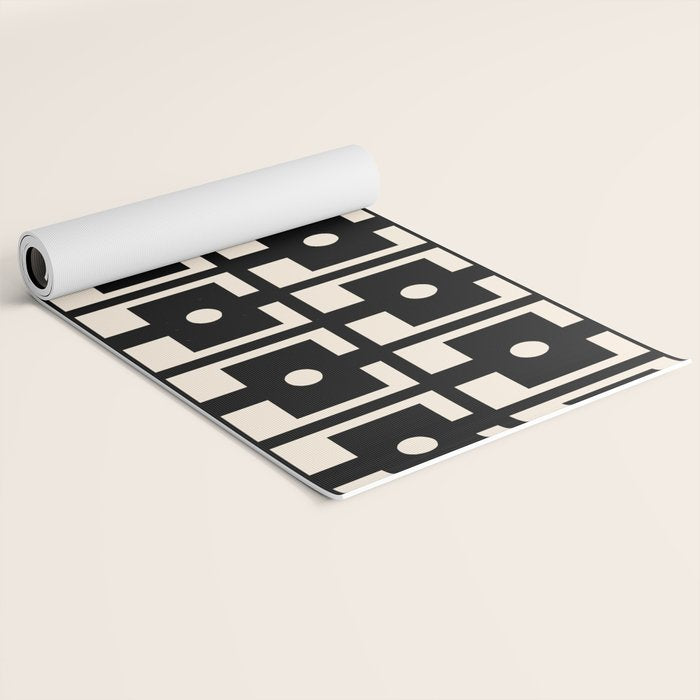 Mid Century Modern Rektangel Geometric Pattern Black and Almond Cream Yoga Mat Gallery Image 2