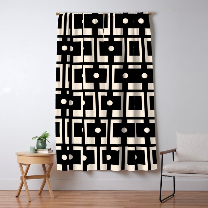 Mid Century Modern Rektangel Geometric Pattern Black and Almond Cream Window Curtain Gallery Image 1