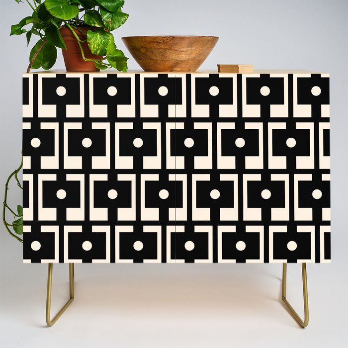 Mid Century Modern Rektangel Geometric Pattern Black and Almond Cream Credenza Gallery Image 1