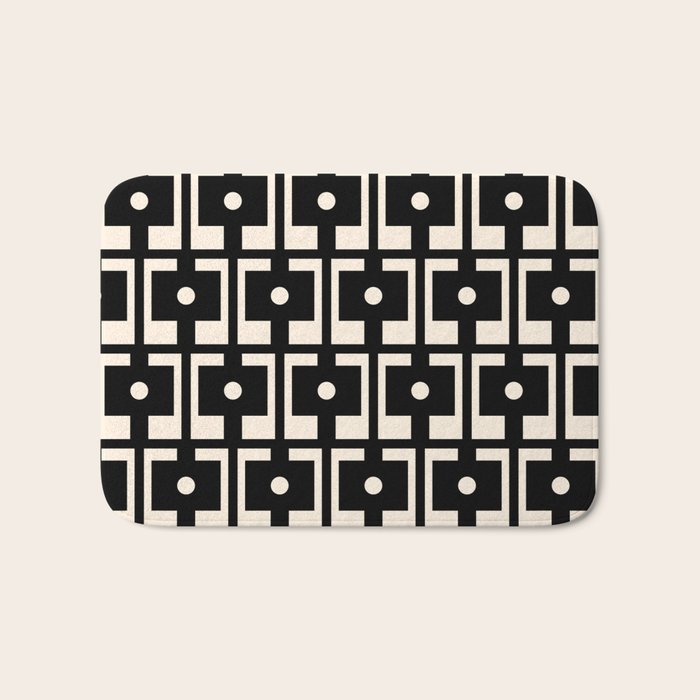 Mid Century Modern Rektangel Geometric Pattern Black and Almond Cream Bath Mat Gallery Image 1