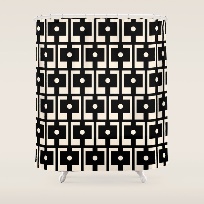 Mid Century Modern Rektangel Geometric Pattern Black and Almond Cream Shower Curtain Gallery Image 1