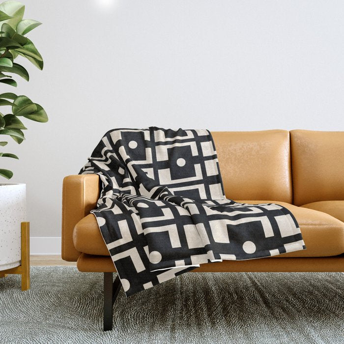 Mid Century Modern Rektangel Geometric Pattern Black and Almond Cream Throw Blanket Gallery Image 1
