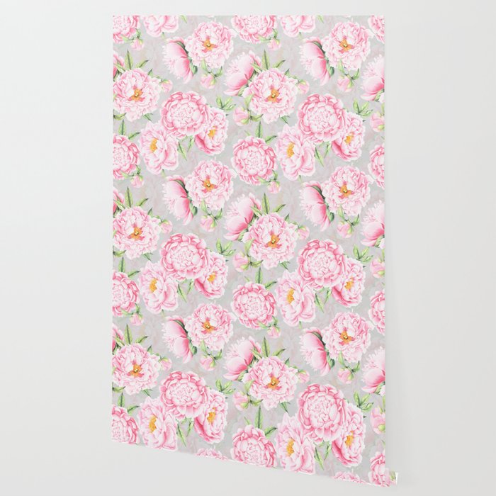 Hygge Blush Pink Peonies Pattern On Gray Wallpaper Gallery Image 2