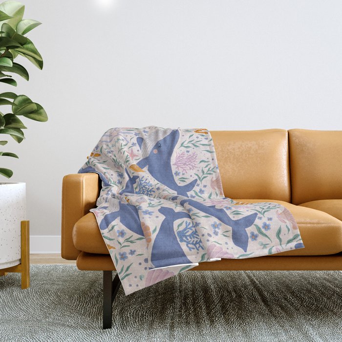 Adorable Whale and Sea Life illustration Throw Blanket Gallery Image 1