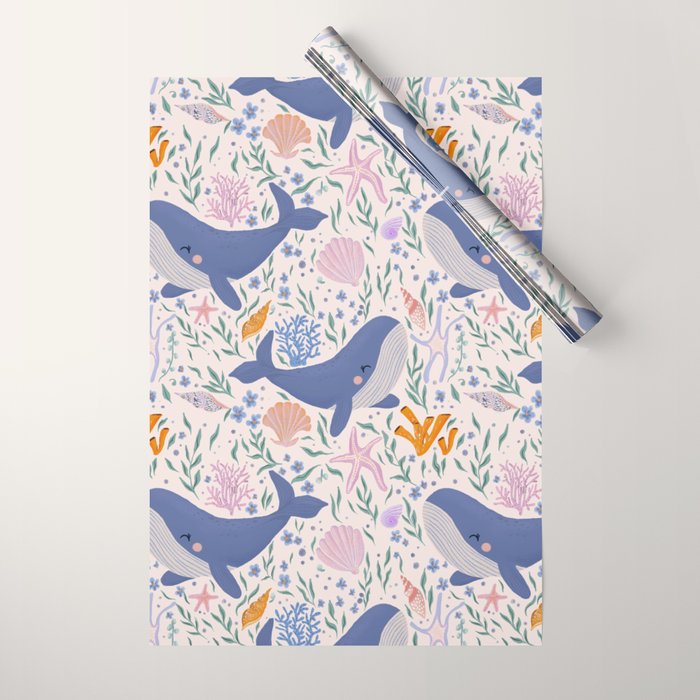 Adorable Whale and Sea Life illustration Wrapping Paper Gallery Image 1