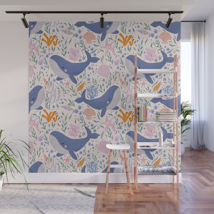 Adorable Whale and Sea Life illustration Wall Mural Gallery Image 1