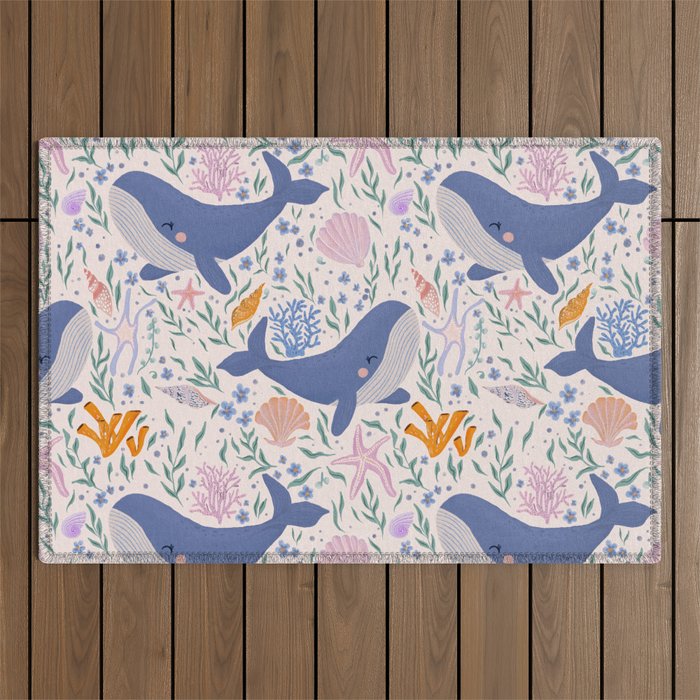 Adorable Whale and Sea Life illustration Outdoor Rug Gallery Image 1