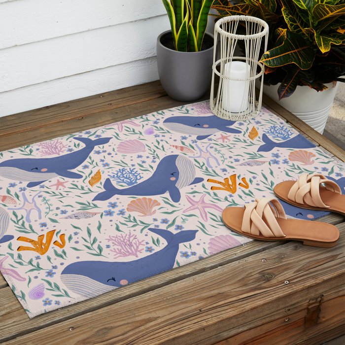 Adorable Whale and Sea Life illustration Outdoor Rug Gallery Image 2