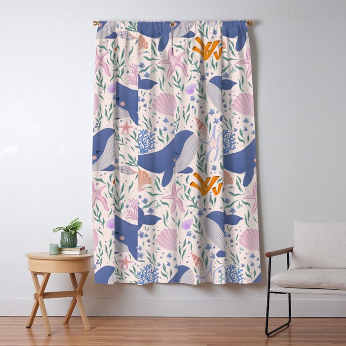 Adorable Whale and Sea Life illustration Window Curtain Gallery Image 1