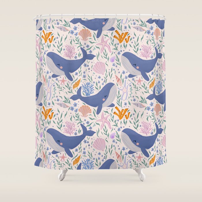 Adorable Whale and Sea Life illustration Shower Curtain Gallery Image 1