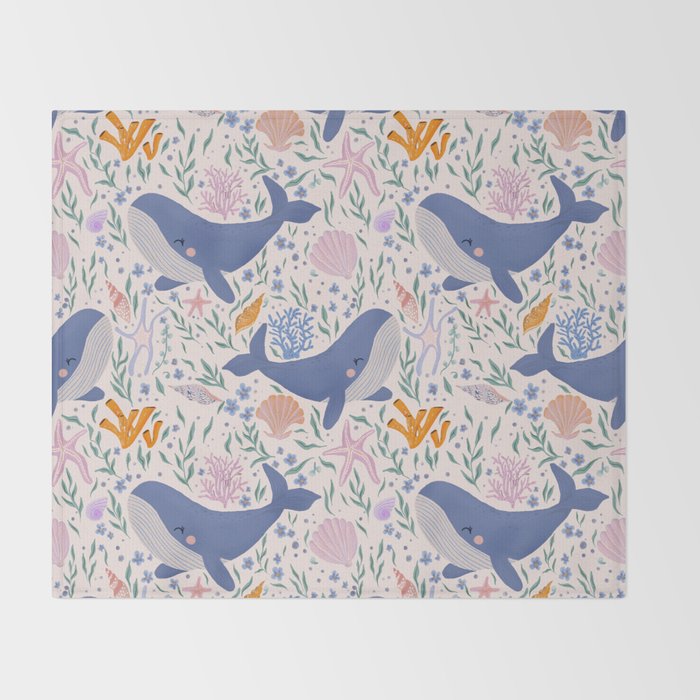 Adorable Whale and Sea Life illustration Throw Blanket Gallery Image 2
