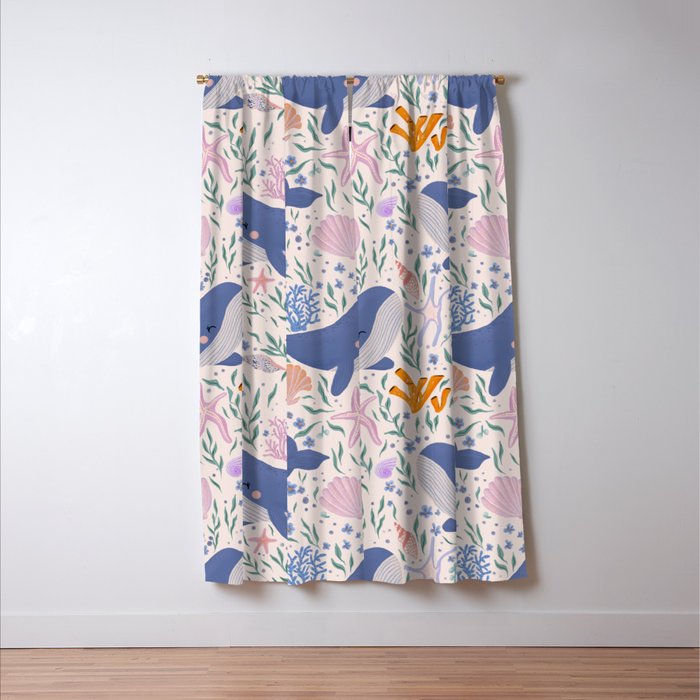 Adorable Whale and Sea Life illustration Window Curtain Gallery Image 3