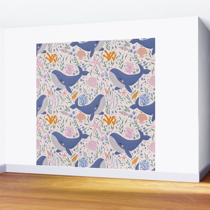 Adorable Whale and Sea Life illustration Wall Mural Gallery Image 2