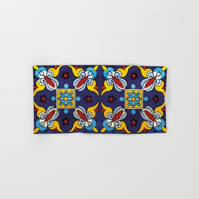 Abstract blue cruz mexican modern talavera tile wall Bath Towel Gallery Image 1
