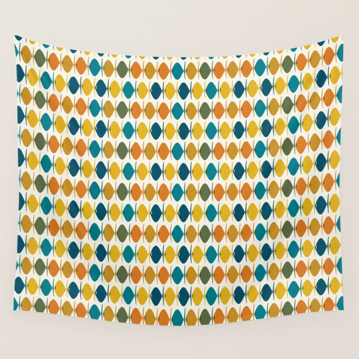Mid Century Modern Multicolor Retro Fish Pattern Wall Tapestry Gallery Image 1