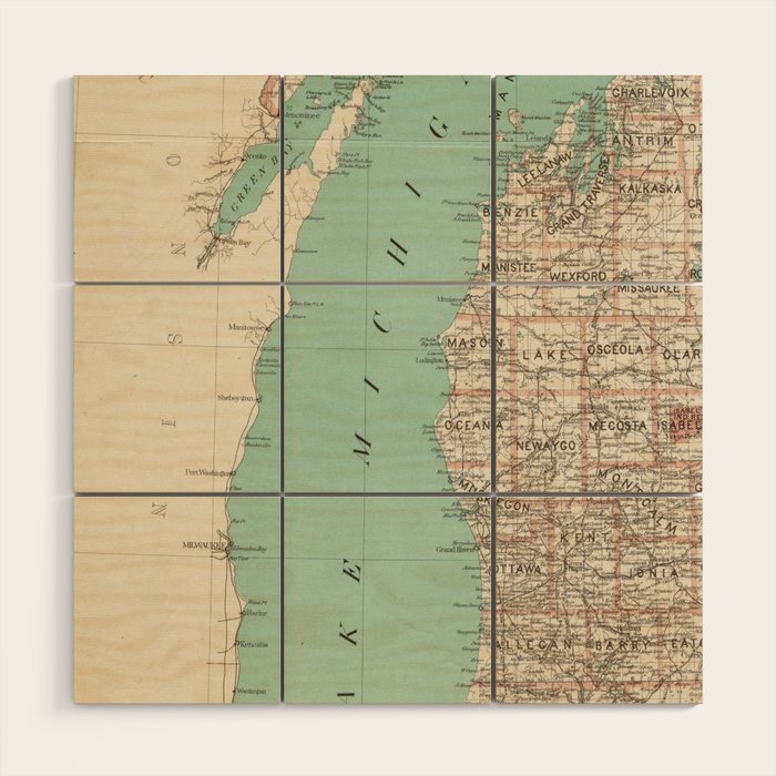 Vintage Map of Lake Michigan (1888) Wood Wall Art Gallery Image 1