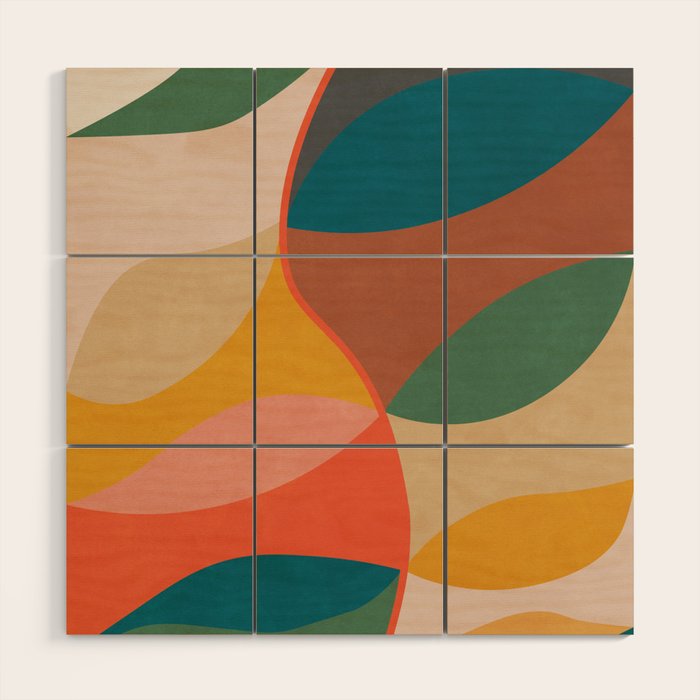 Mid Century Modern Leaves, Colorful Tones Wood Wall Art Gallery Image 1