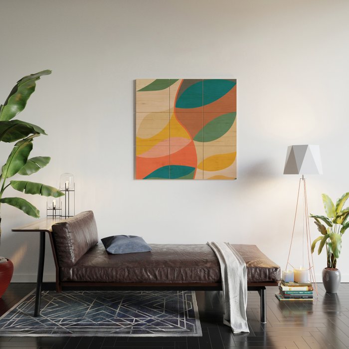 Mid Century Modern Leaves, Colorful Tones Wood Wall Art Gallery Image 2
