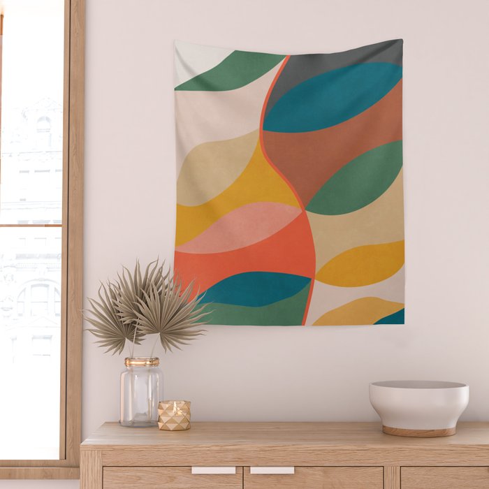 Mid Century Modern Leaves, Colorful Tones Wall Tapestry Gallery Image 2