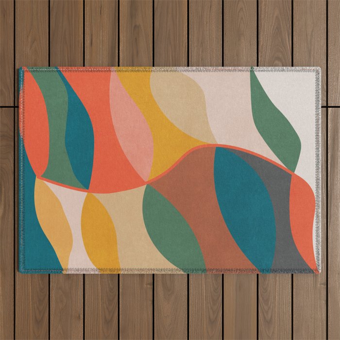 Mid Century Modern Leaves, Colorful Tones Outdoor Rug Gallery Image 1