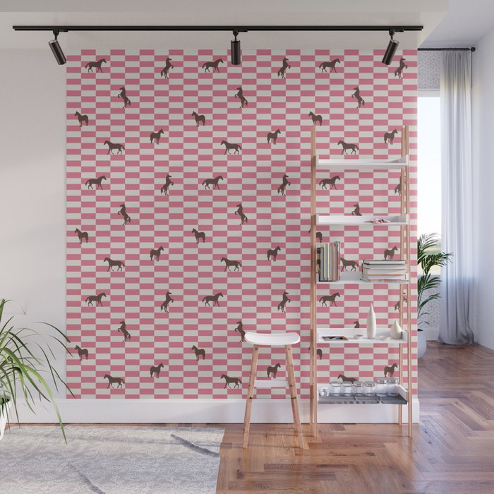 Pink Check Horses  Pattern Wall Mural Gallery Image 1