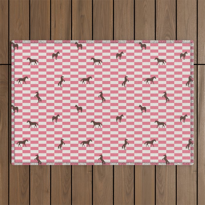 Pink Check Horses  Pattern Outdoor Rug Gallery Image 1
