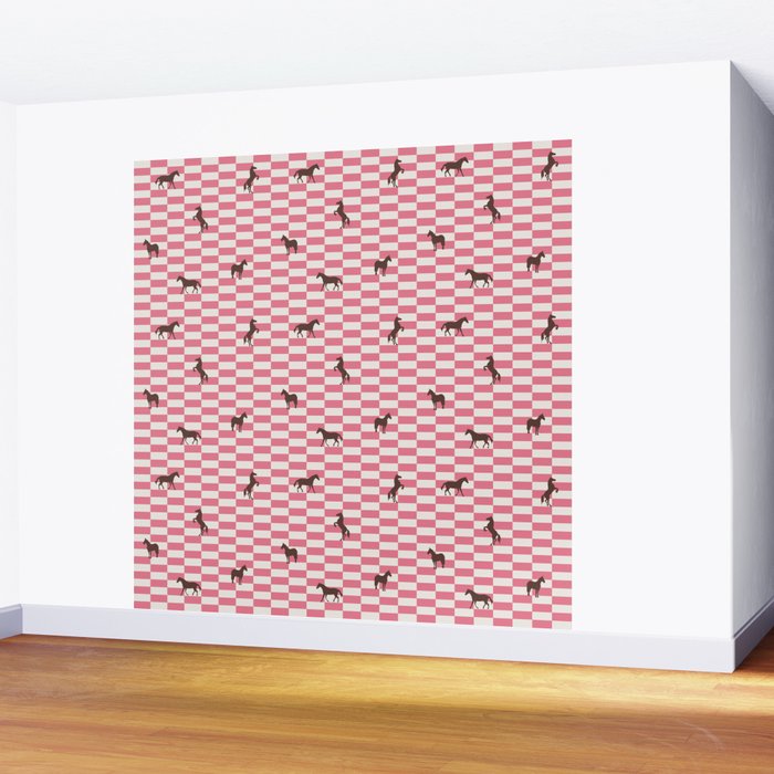 Pink Check Horses  Pattern Wall Mural Gallery Image 2