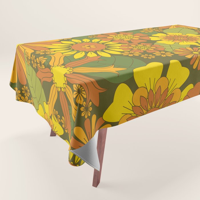 Orange, Brown, Yellow and Green Retro Daisy Pattern Tablecloth Gallery Image 1