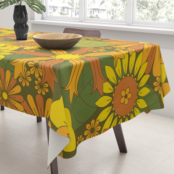 Orange, Brown, Yellow and Green Retro Daisy Pattern Tablecloth Gallery Image 3