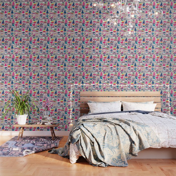 I gnome you // grey background little happy and lovely gnomes with rainbows fuchsia pink hearts Wallpaper Gallery Image 3