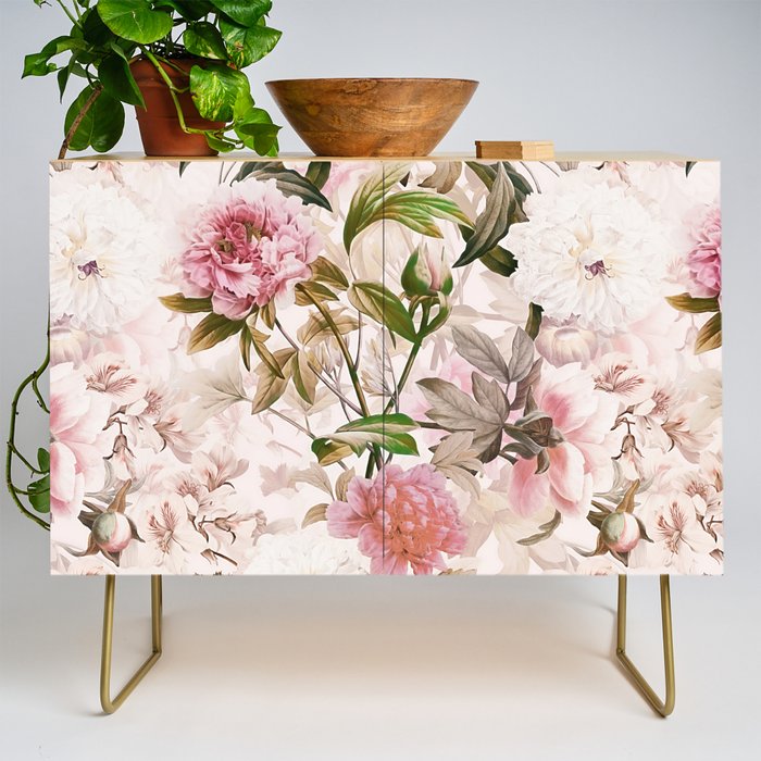 Vintage And Shabby Chic- Pink  Summer Peonies Antique Botanical Flower Garden Credenza Gallery Image 1