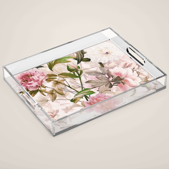 Vintage And Shabby Chic- Pink  Summer Peonies Antique Botanical Flower Garden Acrylic Tray Gallery Image 1