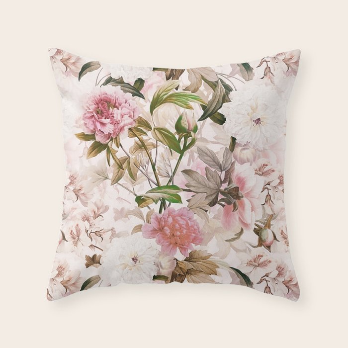 Vintage And Shabby Chic- Pink  Summer Peonies Antique Botanical Flower Garden Throw Pillow Gallery Image 6