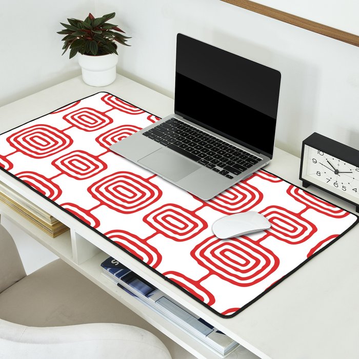 Mid Century Modern Atomic Rings Pattern Red 3 Desk Mat Gallery Image 2