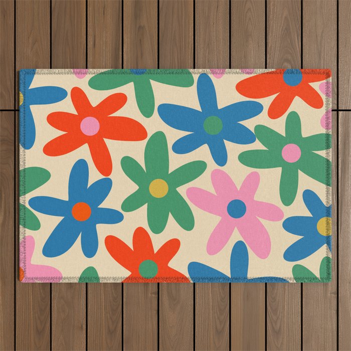 Daisy Time Colorful Retro Floral Pattern Outdoor Rug Gallery Image 1