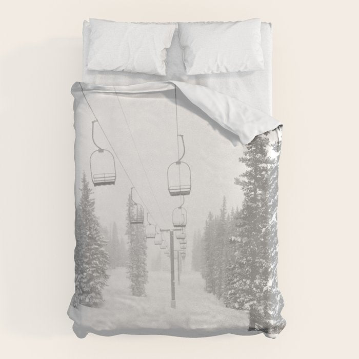 Empty Chairlift // Alone on the Mountain at Copper Whiteout Conditions Foggy Snowfall Duvet Cover Gallery Image 1