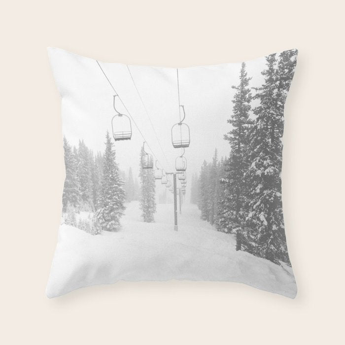Empty Chairlift // Alone on the Mountain at Copper Whiteout Conditions Foggy Snowfall Throw Pillow Gallery Image 1