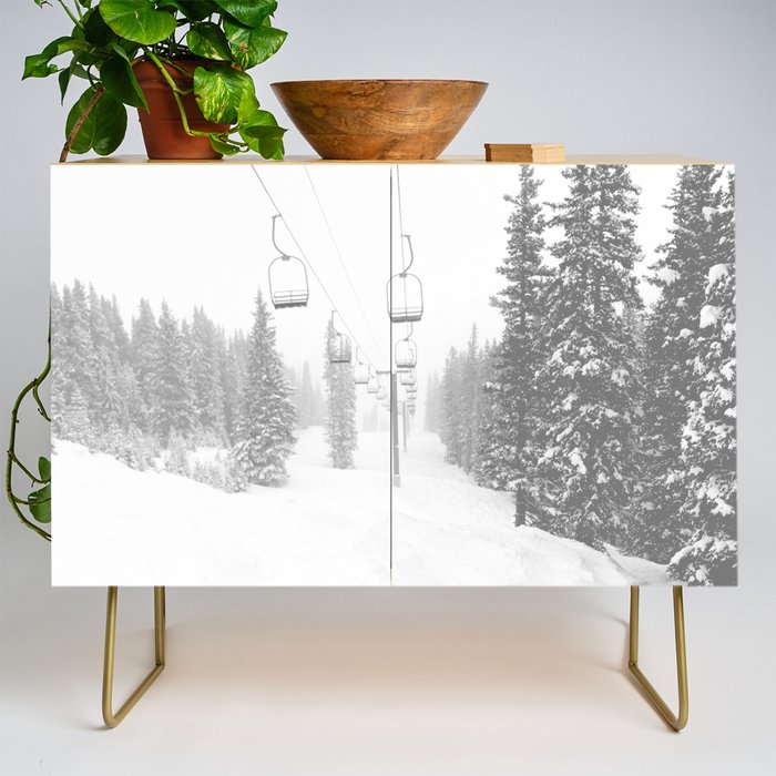 Empty Chairlift // Alone on the Mountain at Copper Whiteout Conditions Foggy Snowfall Credenza Gallery Image 1