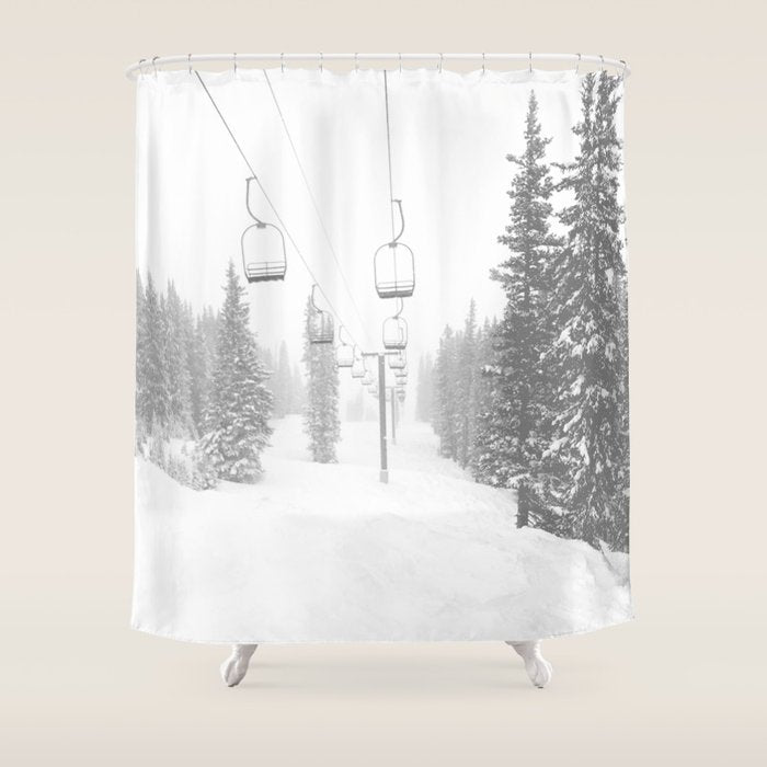 Empty Chairlift // Alone on the Mountain at Copper Whiteout Conditions Foggy Snowfall Shower Curtain Gallery Image 1
