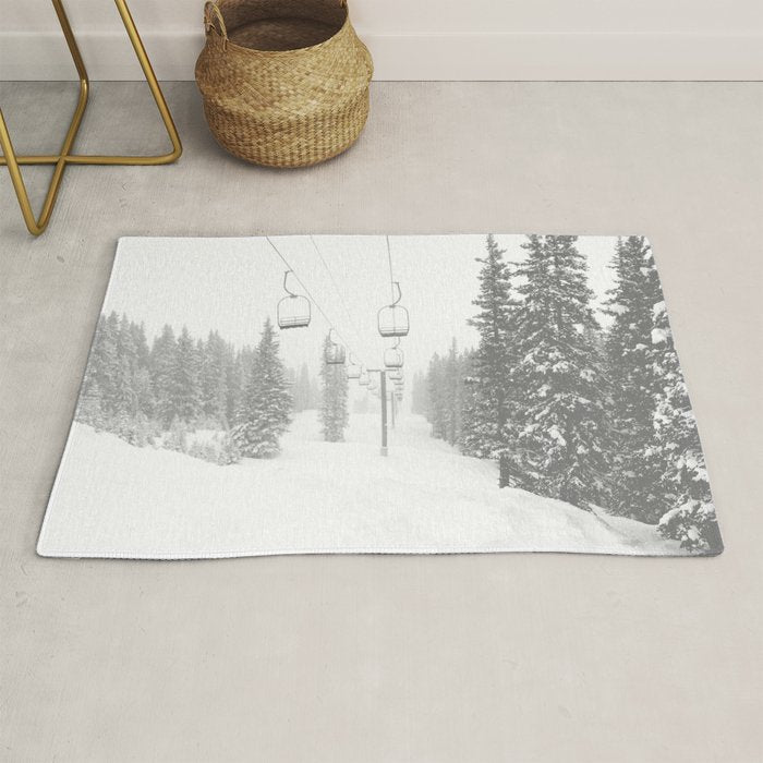 Empty Chairlift // Alone on the Mountain at Copper Whiteout Conditions Foggy Snowfall Rug Gallery Image 1