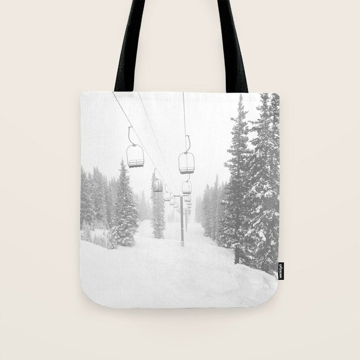 Empty Chairlift // Alone on the Mountain at Copper Whiteout Conditions Foggy Snowfall Tote Bag Gallery Image 1
