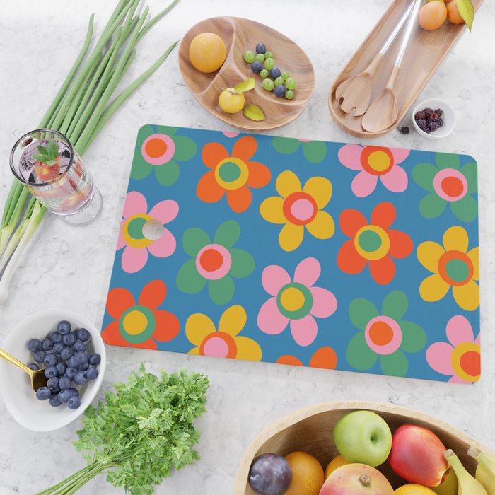 Maisie Flowers Cheerful Floral Pattern Blue Green Orange Yellow Pink Cutting Board Gallery Image 2