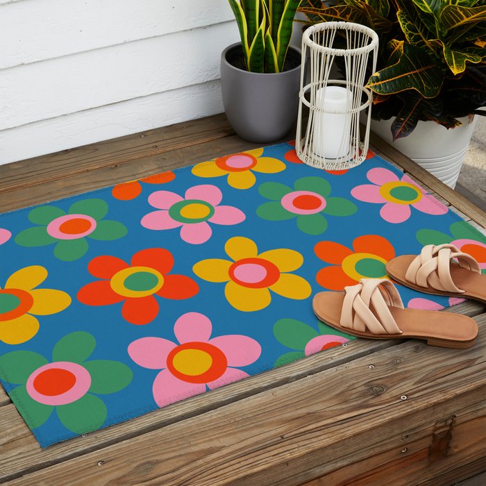 Maisie Flowers Cheerful Floral Pattern Blue Green Orange Yellow Pink Outdoor Rug Gallery Image 2